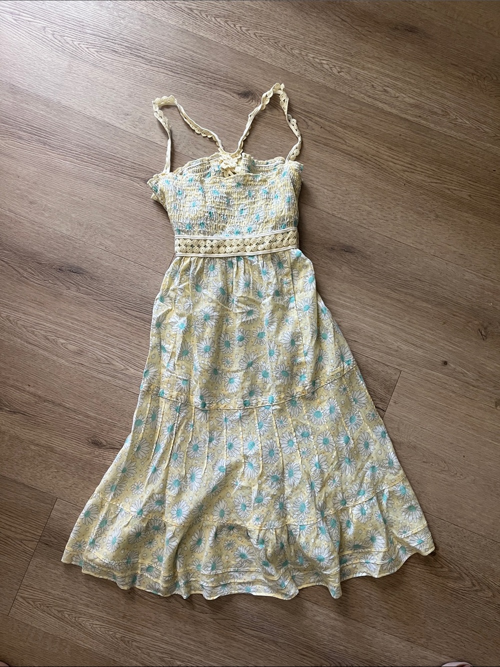 Free People Yellow Floral Midi Dress with Blue Accents